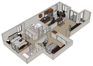 A 3D diagram of a house layout with a kitchen, living room, dining room, and two bedrooms.