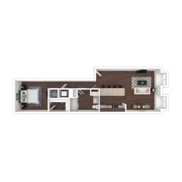 a bedroom with a bed and a desk in a room