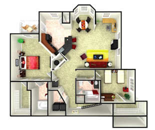 A 3D rendered image of a house layout.