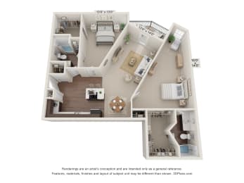 a stylized floor plan is shown with a bedroom and living room