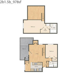 A floor plan of a two-story home with two bedrooms, a living room, a kitchen, a pantry, a storage area, and a balcony.