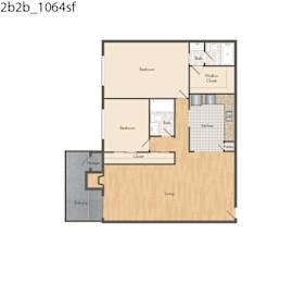 A floor plan of a two bedroom apartment with a living area, kitchen, bathroom, and storage.