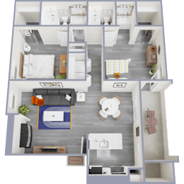 A top-down view of a modern apartment layout with a living room, kitchen, and bedrooms.