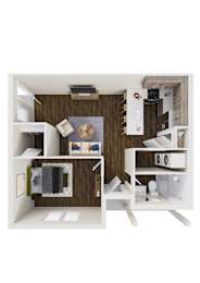a rendering of a 1 bedroom floor plan with a bathroom and a living room