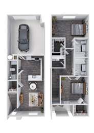 A top down view of a two-story apartment with a car parked in the garage.