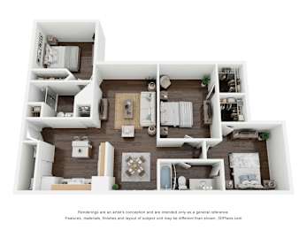 A 3D floor plan of a house with various rooms and furniture.