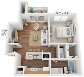 A 3D floor plan of a small apartment with a living room, kitchen, and bathroom.