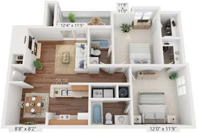 A 3D floor plan of a small apartment with a living room, kitchen, and two bedrooms.