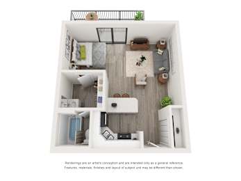 A top-down view of a small apartment with a kitchen, living room, and bedroom.
