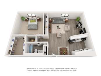 A top-down view of a two-bedroom apartment with a living room, kitchen, and bathroom.