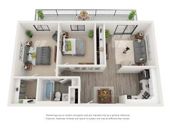 A 3D rendering of a modern, minimalist apartment with a living room, kitchen, and bathroom.