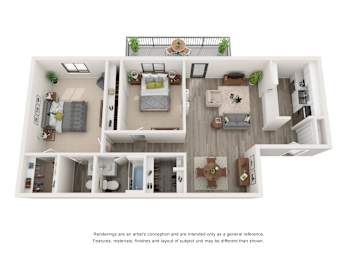 A top-down view of a house interior with a kitchen, living room, and bedrooms.