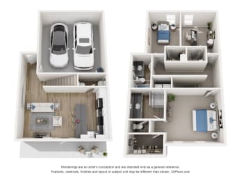a stylized floor plan of a 1 bedroom apartment with a car and a garage