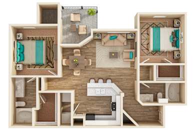 A 3D model of a house with various rooms and furniture.