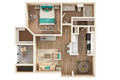 A top down view of a small apartment with a bed, desk, and kitchen area.