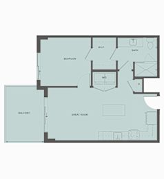 A floor plan of a house with a balcony, two bedrooms, a great room, a bath, a W.I.C., and a W.D.
