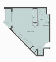 A floor plan of a room with a balcony, bathroom, and great room.