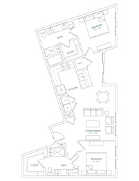 A floor plan of a house with a bedroom, bathroom, kitchen, and living room.