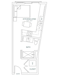 A floor plan of a kitchen, living room, bathroom, and closet.