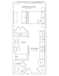 A floor plan of a living/sleeping area with a kitchen and bath.