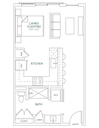 A floor plan of a small apartment with a living room, kitchen, bathroom, and entry.