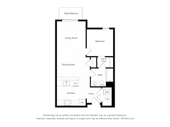 A floor plan of a house with a living room, dining room, kitchen, and two bathrooms.