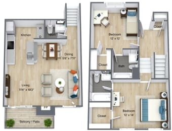 the layouts of two rooms of a house with a wood floor
