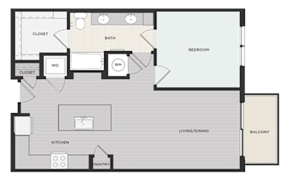 A floor plan of a house with a kitchen, pantry, living/dining area, bedroom, bathroom, and two closets.