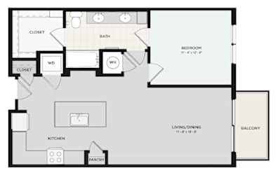 A floor plan of a house with a bedroom, living room, kitchen, pantry, bathroom, and two closets.