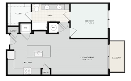 A floor plan of a house with a living room, dining room, kitchen, pantry, two bathrooms, and two closets.