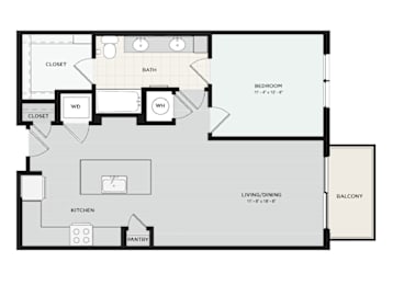 A floor plan of a house with a bedroom, living room, kitchen, pantry, and two closets.