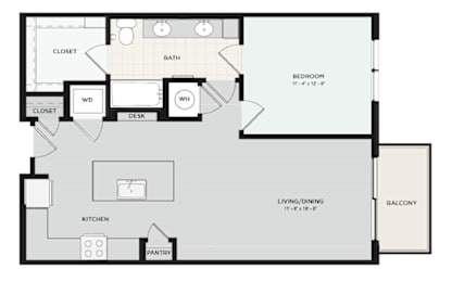 A floor plan of a small apartment with a bedroom, living room, kitchen, pantry, and two closets.