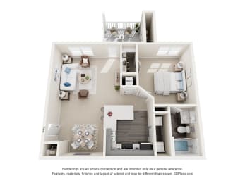 a stylized floor plan with a bedroom and a living room