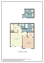 A floor plan of a house with a kitchen, living room, bedroom, and bathrooms.