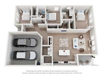 A 3D floor plan of a house with two bedrooms, a living room, a kitchen, and a garage.