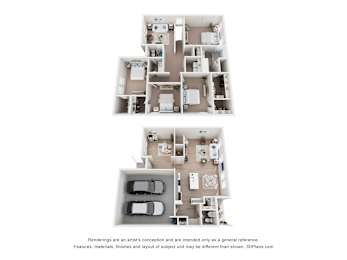 Two floor plans of a house with a garage and a living room.