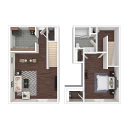 a stylized floor plan with a bedroom and a bathroom