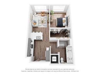 A 3D floor plan of a small apartment with a kitchen, living room, and bathroom.
