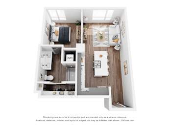 A 3D floor plan of a small apartment with a kitchen, living room, and bedroom.