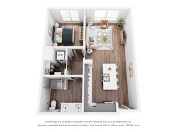 A 3D floor plan of a small apartment with a kitchen, living room, and bathroom.