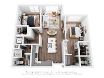 A 3D floor plan of a house with labeled rooms.