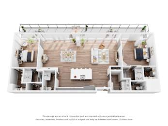 A 3D floor plan of a house with a kitchen, living room, and two bedrooms.