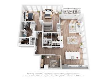 A 3D floor plan of a small apartment with a kitchen, living room, and bedrooms.