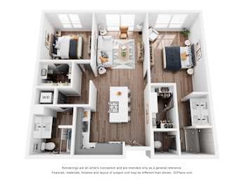 A top-down view of a small apartment with a kitchen, living room, and bedroom.