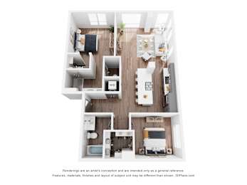 A 3D floor plan of a small apartment with a kitchen, living room, and two bedrooms.