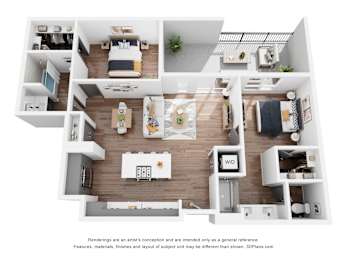 A 3D floor plan of a house with a kitchen, living room, and bedrooms.