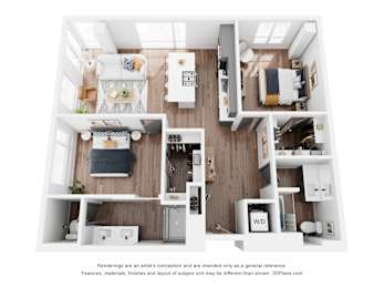 A 3D floor plan of a small apartment with two bedrooms, a living room, and a kitchen.