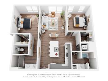 A 3D floor plan of a house with a kitchen, living room, and two bedrooms.