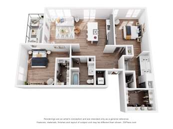 A 3D floor plan of a house with a kitchen, living room, and bedrooms.