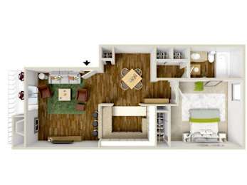 A 3D rendered image of a house interior.